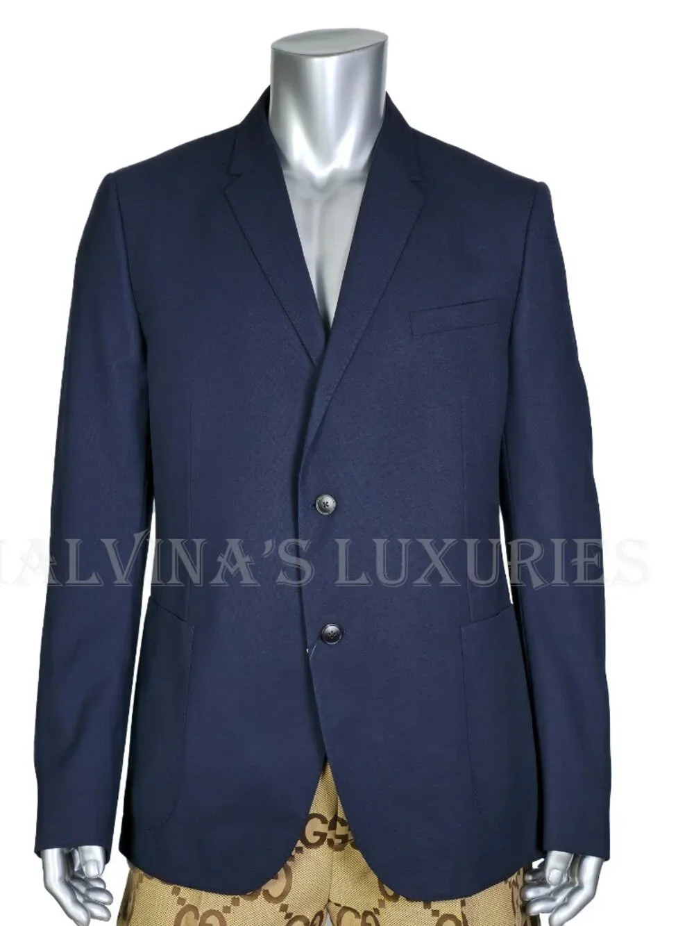 GUCCI JACKET MENS INK BLUE WOOL TAILORED BLAZER GG LOGO LINED sz 60 REG